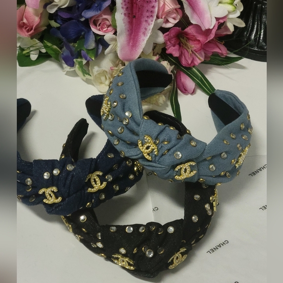 Accessories - Studded Crystal Embellished Denim Headband, Choice Of One
